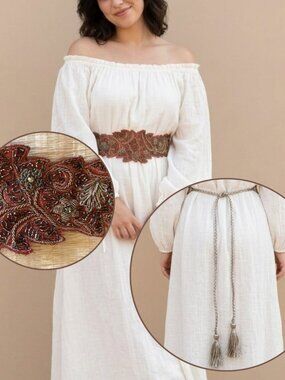 Love Binetti Belt Beaded Embroidery Metallic Burnt Orange Tassel Adjustable Boho